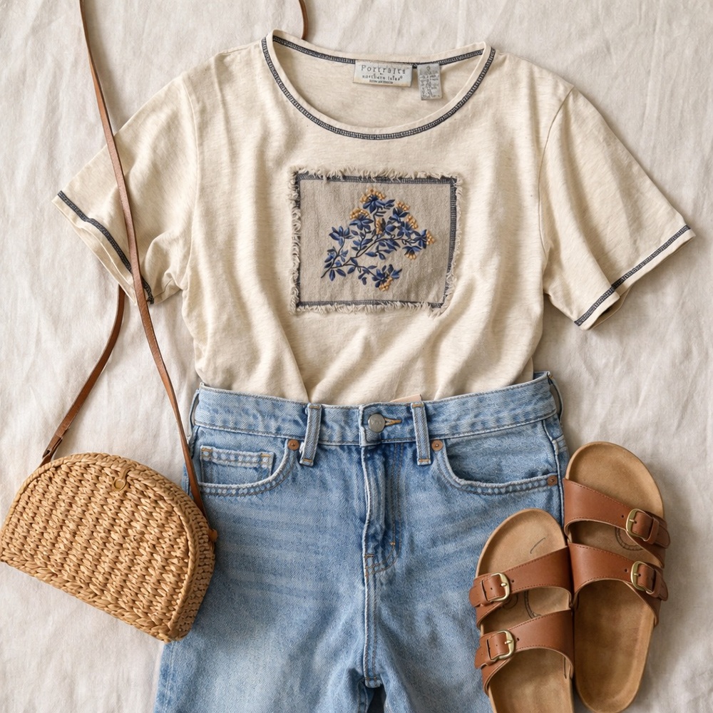 Vintage Portraits by Northern Isles Floral Embroidered Tee Beige Size‎ M